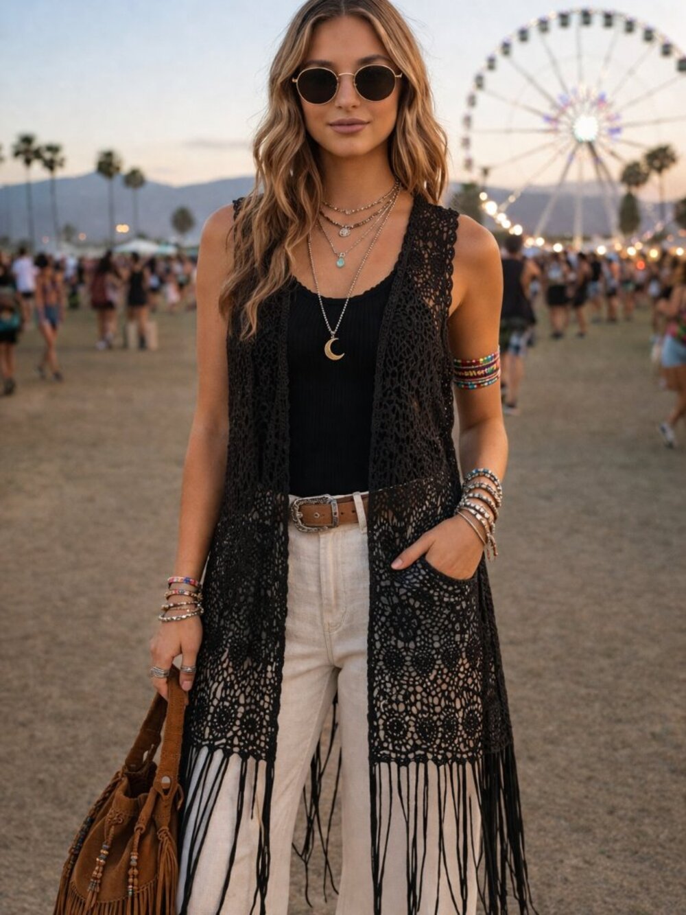 Adiva Black Crochet Fringe Vest Boho Festival Duster Open Knit S 100% Cotton